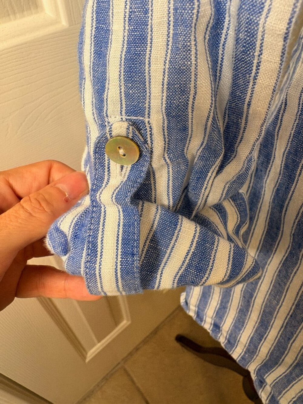 J.Jill Blue White Striped 100% Linen Roll Tab Button-Down Shirt Extra Small - Picture 3 of 7